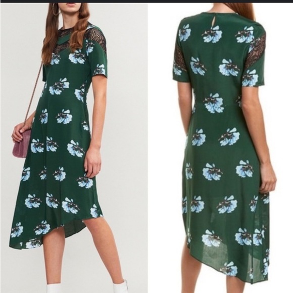 Maje Asymmetric Lace Trimmed Floral Print Silk Blend Dress - Picture 15 of 15